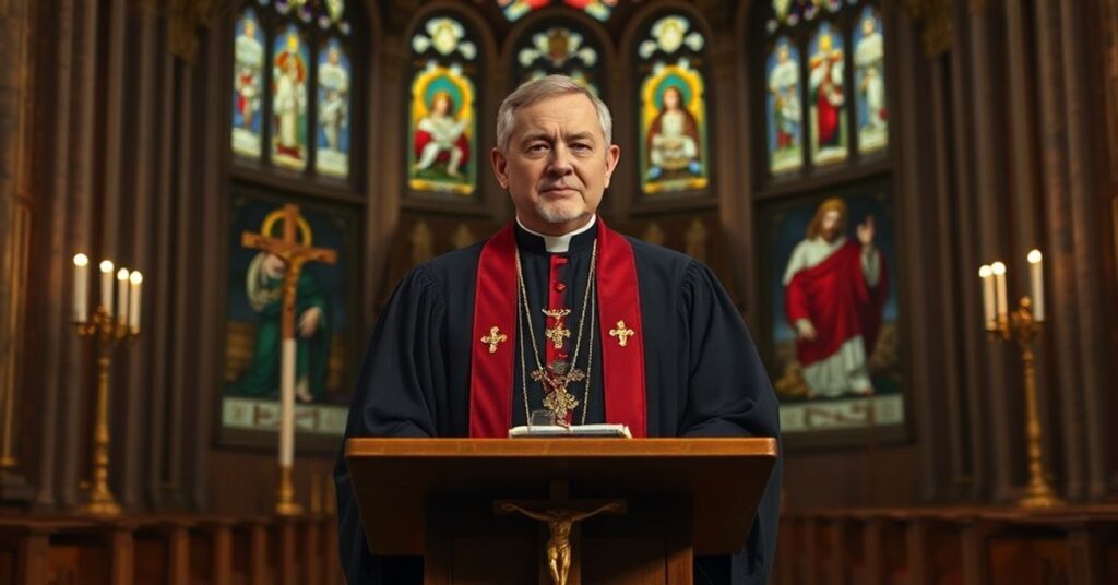 Obraz przedstawiający „kardynała” Rainera Marię Woelkiego w katedrze z akcentami zwodniczego modernizmu w kontekście katolickiej doktryny o panowaniu Chrystusa Króla.