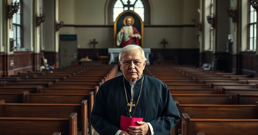 Rzeczywiste przedstawienie nominacji 'biskupa' Ronalda Hicksa na 'metropolitę' Nowego Jorku w nowoczesnym otoczeniu z ruinami Kościoła.