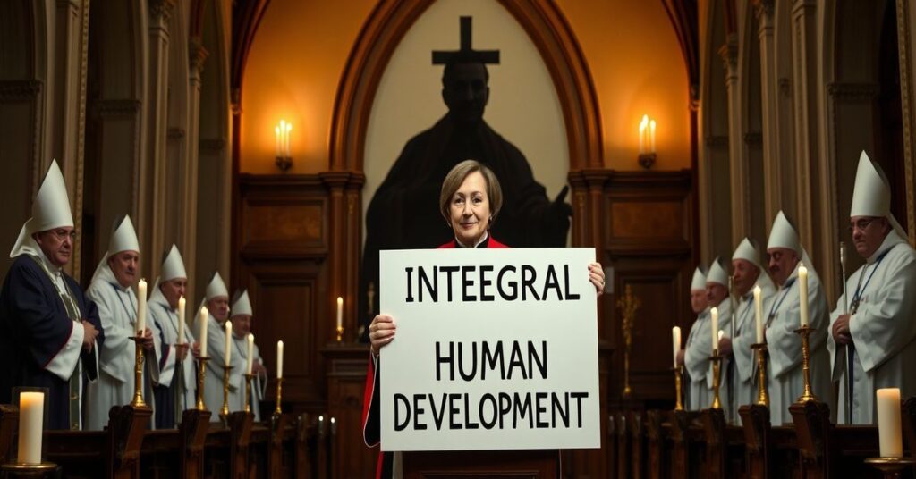 Zdjęcie przedstawiające tradycyjny kościelny wnętrze z profesorką w akademickiej szacie stojącą przy katedrze, otoczoną przez biskupów. Temat obrazu to apostazja i herezja na uniwersytecie Notre Dame.