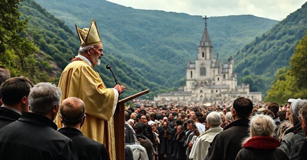 Obraz przedstawiający Roberto Prevost (Pseudo-Leo XIV) podczas przemówienia w Lourdes, ilustrujący jego fałszywe nauki i redukcję nadziei do psychologicznego optymizmu.