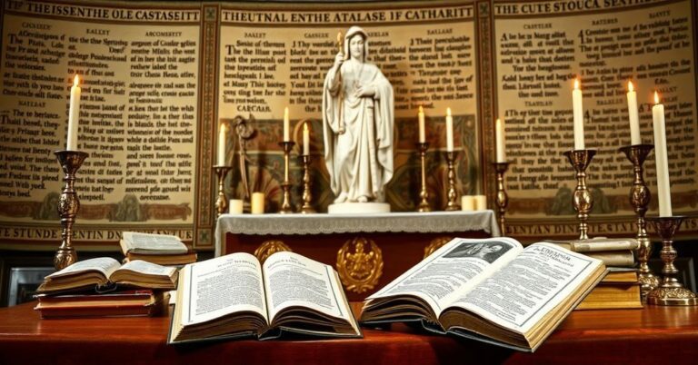 Ołtarz katolicki z rzeźbą świętego, otoczony starymi tekstami religijnymi i świecami, symbolizujący świętość Doktorów Kościoła. Na tle tapiserie watykańskiej z łacińskimi napisami, podkreślająca niezmienność doktryny. Książka "Lamentabili" leży otwarta, w kontrast z nowoczesnym heretyckim ulotką o "Newmanie, Doktora Kościoła", symbolizującą fałszywe modernistyczne herezje.