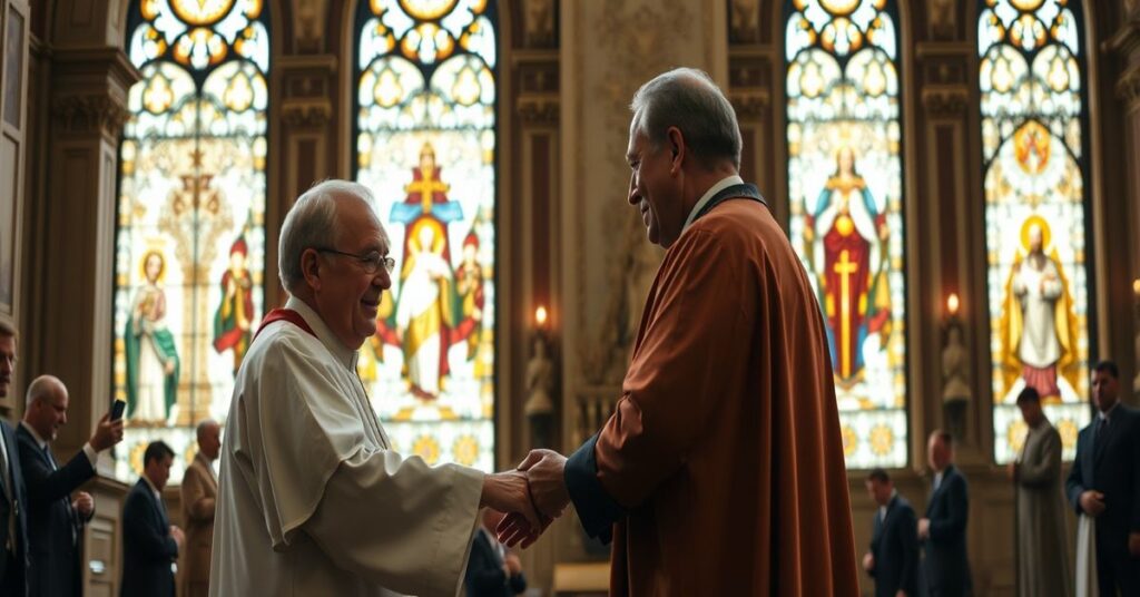 Arcybiskup Paul Coakley witający nuncjusza apostolskiego Gabriele Caccia w katedrze w USA