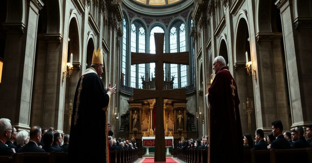 Wnętrze milańskiej bazyliki św. Marii z Niedźwiedziem podczas rzekomego "błogosławieństwa" Krzyża Olimpijskiego przez uzurpatora Bergoglio i kardynała Parolina. Apostazja współczesnego Kościoła.