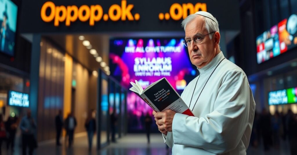 Ksiądz w tradycyjnym szacie zakonnej patrzy niechętnie na reklamę biletów na koncerty z partnerstwa Banku Pekao z Mastercard i Live Nation na stronie Opoki