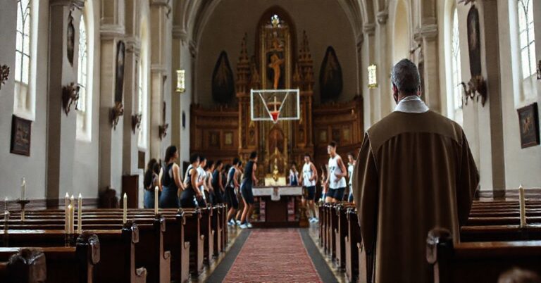 Wnętrze katolickiego kościoła z tradycyjnym ołtarzem i świecami porzuconym na rzecz zawodów sportowych w kościele.