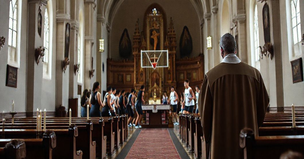 Wnętrze katolickiego kościoła z tradycyjnym ołtarzem i świecami porzuconym na rzecz zawodów sportowych w kościele.