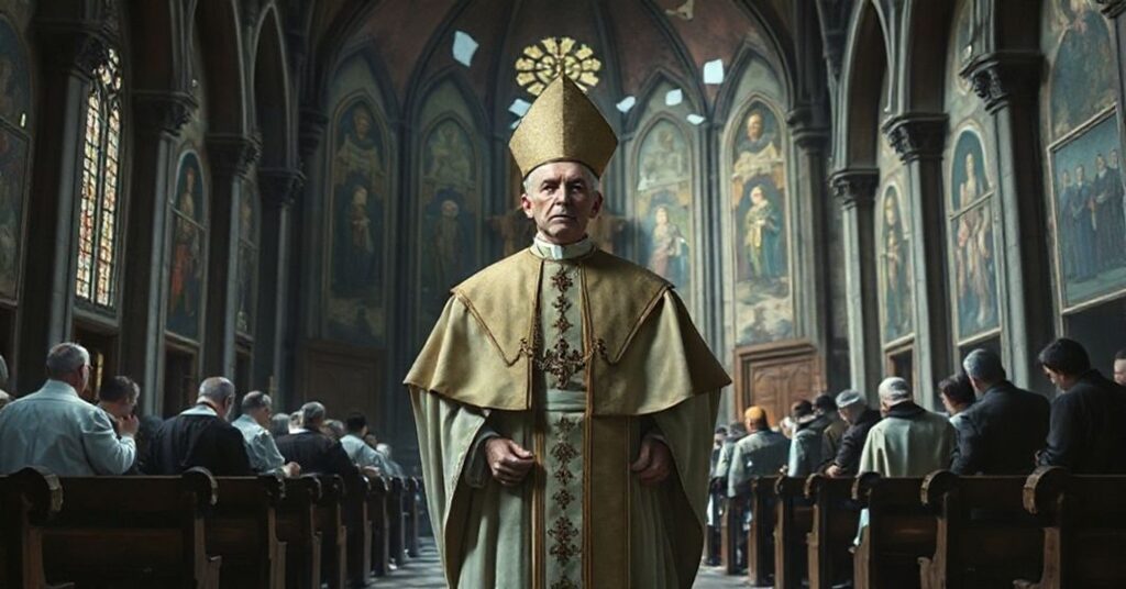 Biskup w modernistycznych szatach stoi przed zrujnowanym ołtarzem w opuszczonym kościele, symbolizując apostazję po Soborze Watykańskim II.