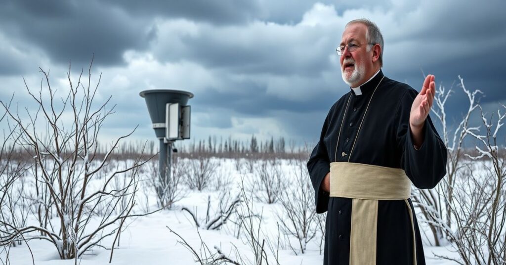 Katolicki księż w tradycyjnym habitacie modli się w zimowym krajobrazie obok nowoczesnej stacji meteorologicznej.