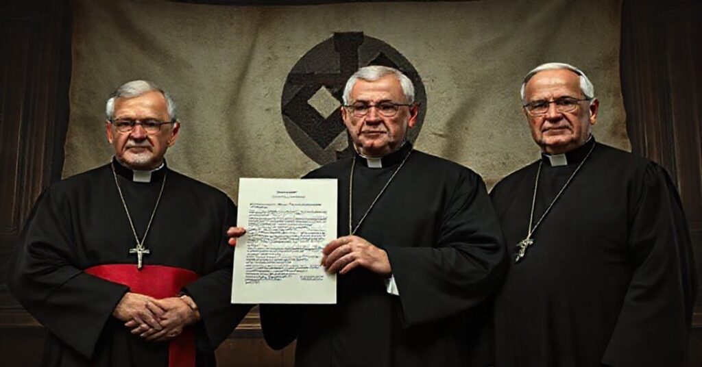 Portret rektorów uniwersytetów katolickich trzymających list z fałszywym pojednaniem polsko-niemieckim