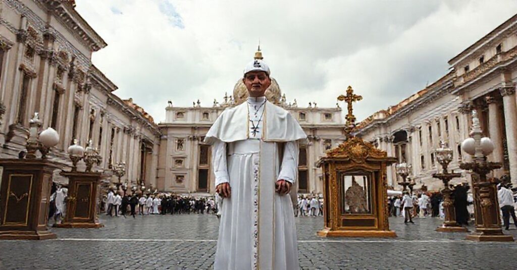 Tradycyjny ksiądz w białej sutannie i zuchecie stoi godnie na Placu Świętego Piotra w Rzymie, kontrastując z uzurpatorem w białej sutannie i czapce baseballowej Chicago White Sox. Scena symbolizuje upadek duchowy ery posoborowej.