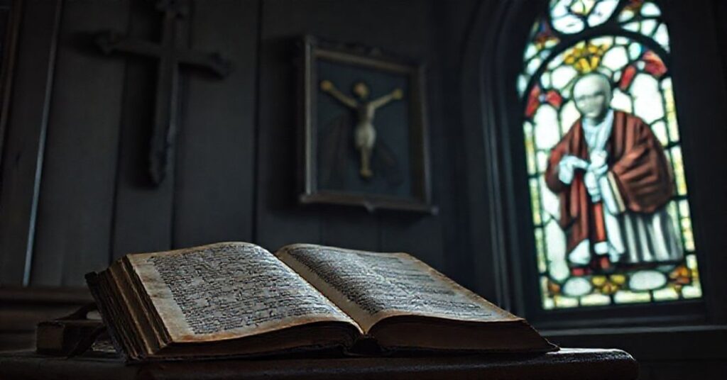 Ciemny wnętrze kościoła z otwartą heretycką Biblią i złym portretem kardynała Duki.