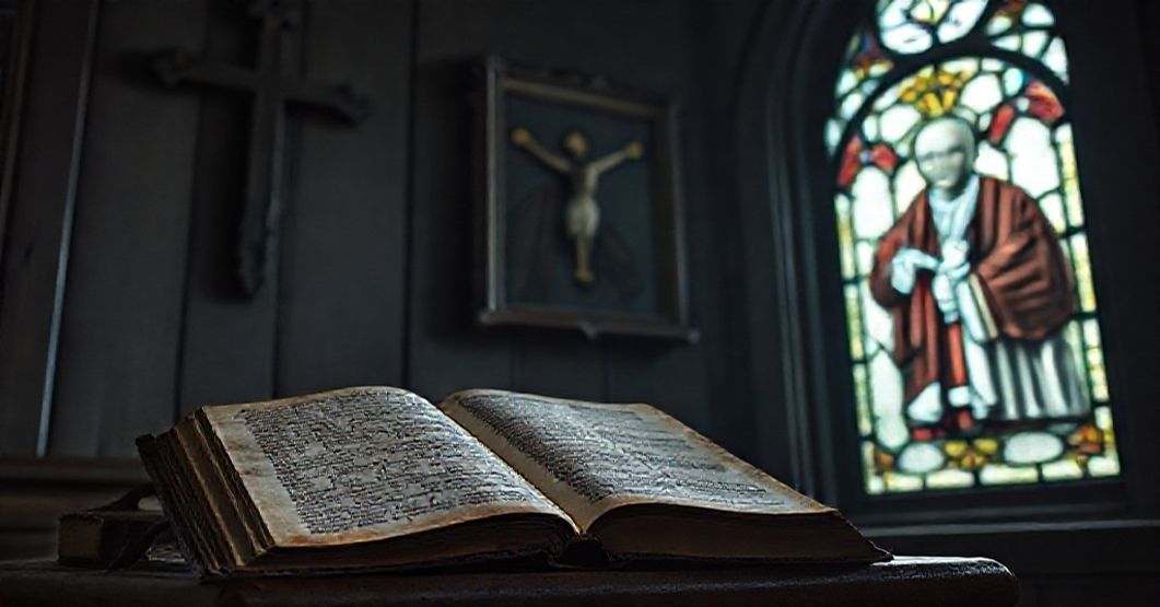 Ciemny wnętrze kościoła z otwartą heretycką Biblią i złym portretem kardynała Duki.