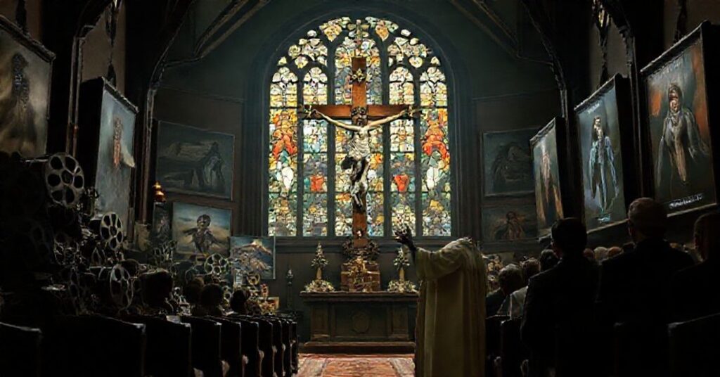 Tradycyjna katolicka kaplica z krzyżem i włoskami filmowymi z Hollywood-u symbolizującymi apostazję posoborową