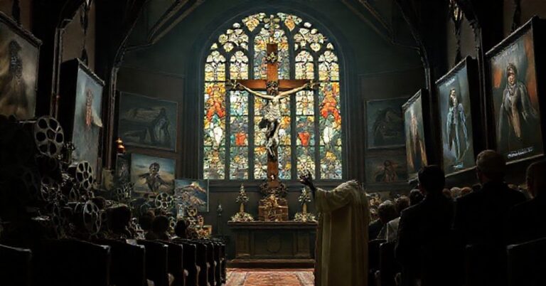 Tradycyjna katolicka kaplica z krzyżem i włoskami filmowymi z Hollywood-u symbolizującymi apostazję posoborową