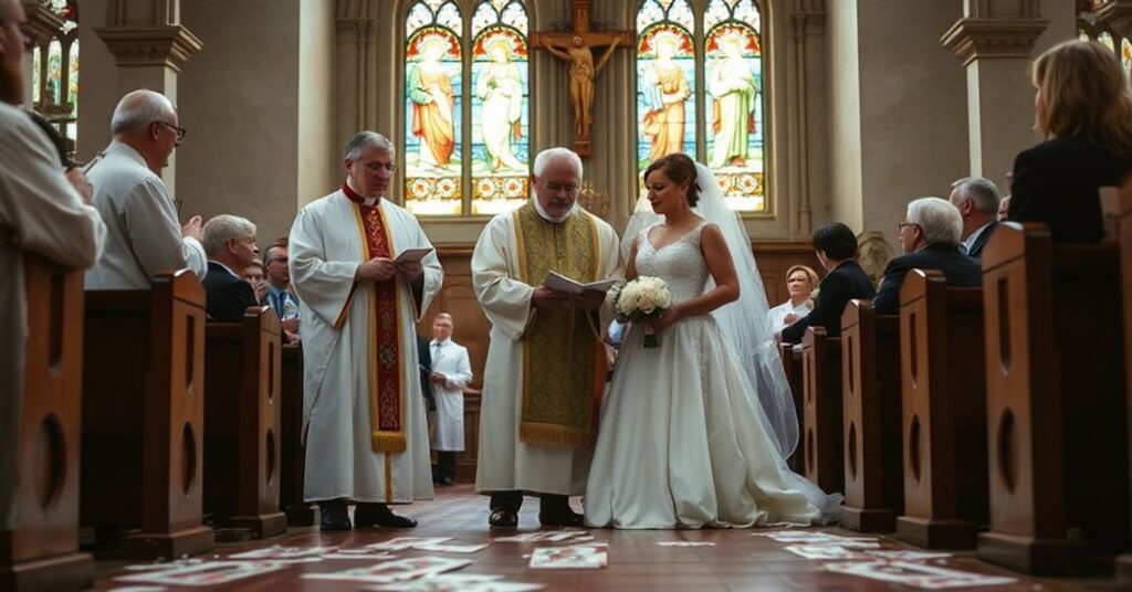 Para młodzieżowa w kościele pod okiem starszego kapłana w tradycyjnych szatach liturgicznych; na podłodze rozrzucone nowoczesne ulotki z hasłami posoborowymi