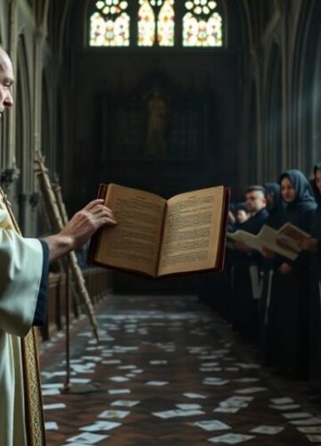 Apostazja postkoncyliarna - śmierć łaciny i tradycji Tradycyjny ksiądz w sutannie i birecie trzyma starożytny łaciński manuskrypt w gotyckim katedrze, podczas gdy grupy modernistycznych 'kleryków' ignoruje go, otoczone rozrzuconymi ulotkami propagandowymi. Scena podkreśla kontrast między autentycznym dziedzictwem katolickim a postkoncyliarną apostazją.