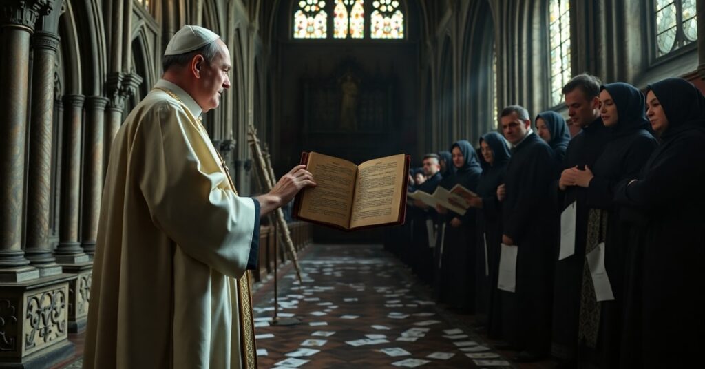 Tradycyjny ksiądz w sutannie i birecie trzyma starożytny łaciński manuskrypt w gotyckim katedrze, podczas gdy grupy modernistycznych 'kleryków' ignoruje go, otoczone rozrzuconymi ulotkami propagandowymi. Scena podkreśla kontrast między autentycznym dziedzictwem katolickim a postkoncyliarną apostazją.