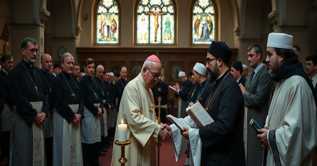 Złożony obraz katolickiego kapłana w sutannie i surplisie stojącego w tradycyjnym kościele gotyckim z witrażami św. w tle. Na pierwszym planie nowoczesny biskup i muzułmański imam trzymają się za ręce w obecności symboli obu religii: krzyża i półksiężyca.