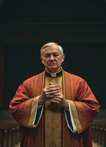 Apostazja pracy: Kościoł i teatr w kontrastach Kapłan w tradycyjnych szatach kościolnych stoi w ciemnym wnętrzu kościoła, trzymając brewiarz. Na tle pustego teatru symbolizującego apostazję pracy. Scena podkreśla strautowanie sakralnego znaczenia pracy.