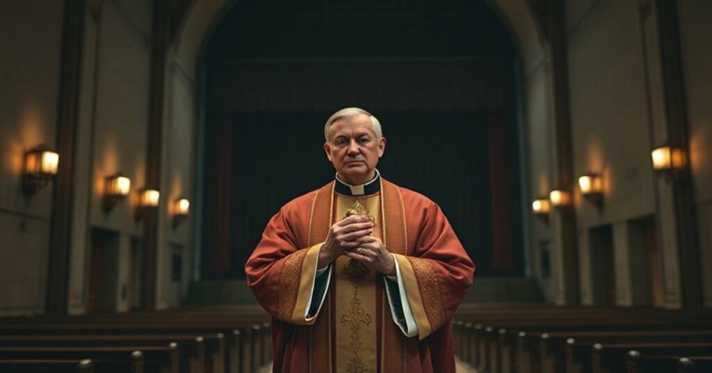 Kapłan w tradycyjnych szatach kościolnych stoi w ciemnym wnętrzu kościoła, trzymając brewiarz. Na tle pustego teatru symbolizującego apostazję pracy. Scena podkreśla strautowanie sakralnego znaczenia pracy.