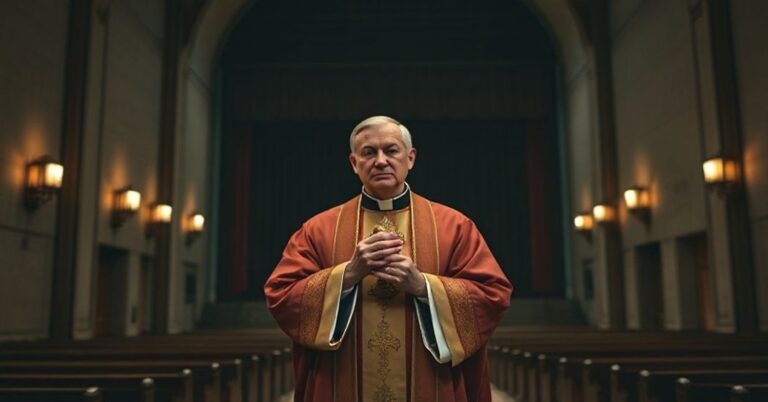 Kapłan w tradycyjnych szatach kościolnych stoi w ciemnym wnętrzu kościoła, trzymając brewiarz. Na tle pustego teatru symbolizującego apostazję pracy. Scena podkreśla strautowanie sakralnego znaczenia pracy.