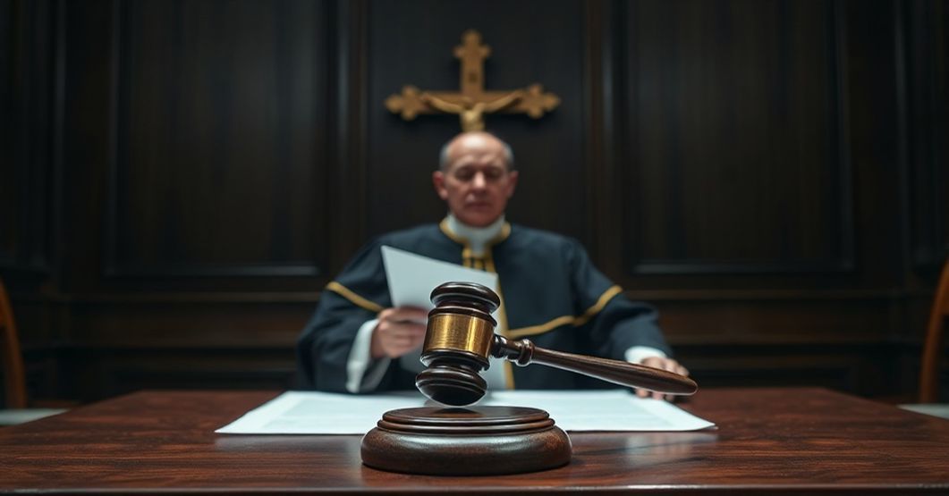 Sąd bez Chrystusa – Apostazja przez Prawo Wnęka sądowa z sędzią w tradycyjnych szatach, symbolizująca fałszywe ideały sekularyzmu i demokratycznego sądownictwa. Na stole tabernakulum jest ukryte pod dokumentami prawnymi.