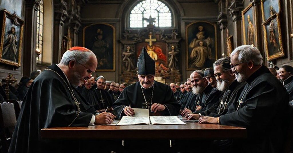 Serdeczny biskup katolicki obserwujący z troską podpisywanie „Karty Ekumenicznej” przez modernistycznych przywódców sekty posoborowej i heretyków w historycznej sali rzymskiej.