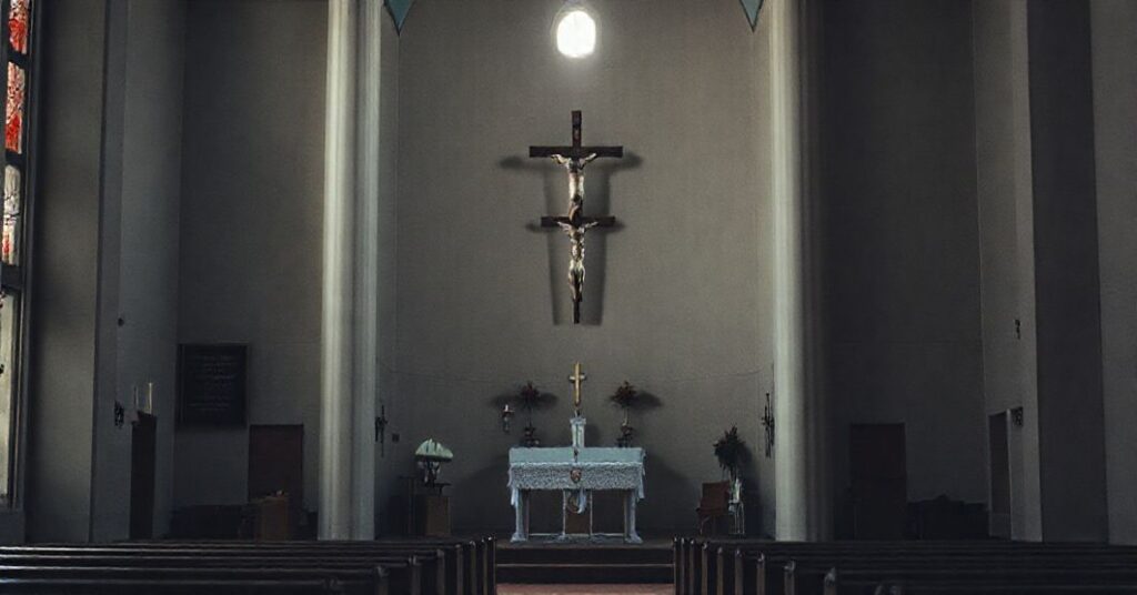 Pusty kościół z nowoczesnym ołtarzem, odchylony krucyfiks i tablica pamiątkowa symbolizująca apostazję salezjan w Sokołowie Podlaskim.