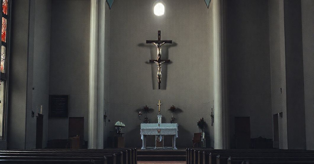 Pusty kościół z nowoczesnym ołtarzem, odchylony krucyfiks i tablica pamiątkowa symbolizująca apostazję salezjan w Sokołowie Podlaskim.