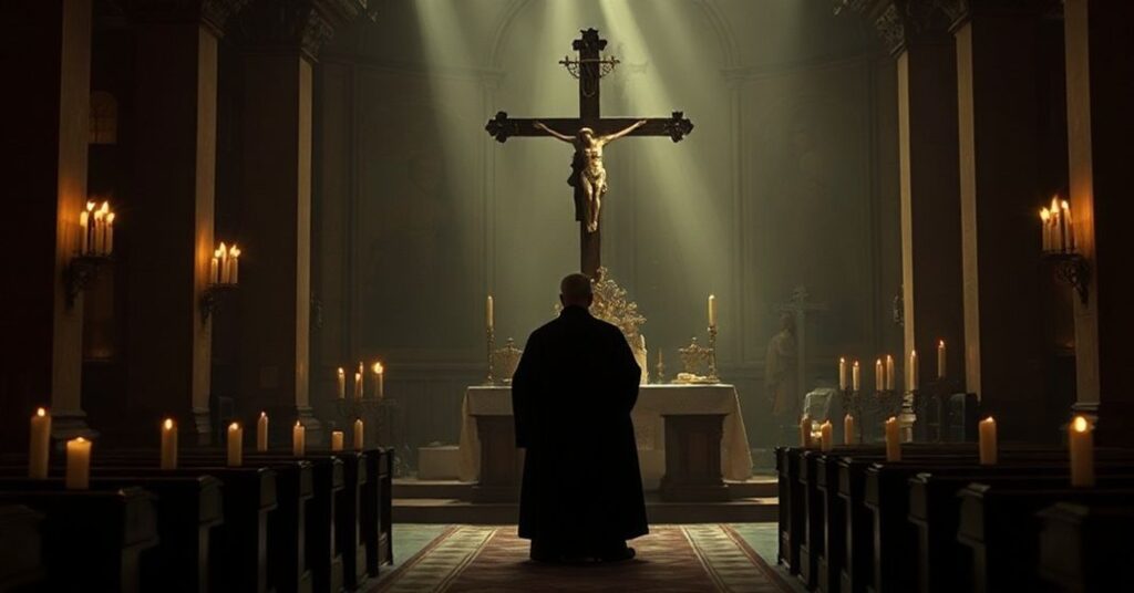 Scena tradycyjnego kościoła katolickiego przedstawiająca apostię sekty powszechnej po Soborze Watykańskim II z uwzględnieniem gloryfikacji modernisty Dominika Duki.