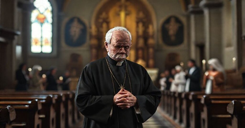 Stary ksiądz w ciemnym kościele modli się przed zamkniętym tabernakulum w otoczeniu bezmyślnych „świadków wiary”