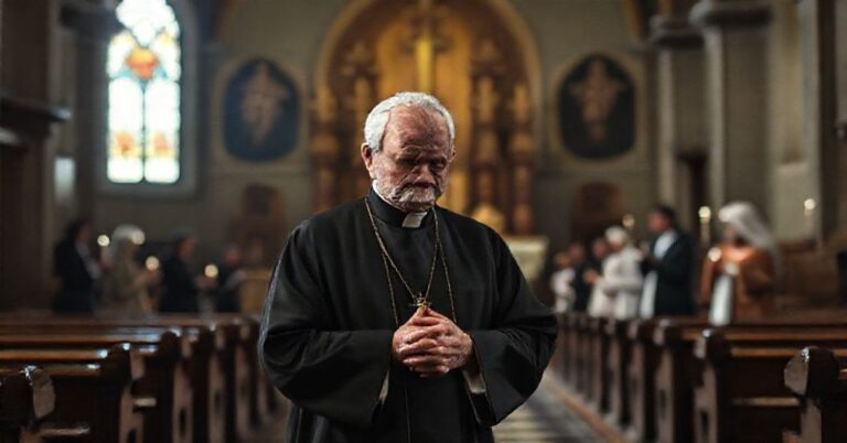 Stary ksiądz w ciemnym kościele modli się przed zamkniętym tabernakulum w otoczeniu bezmyślnych „świadków wiary”