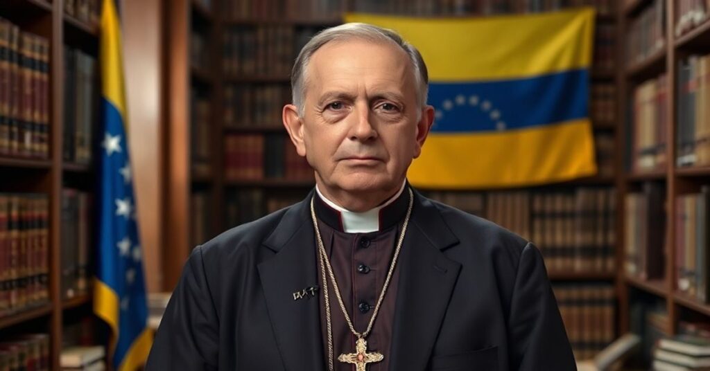 Portret Francisa Rooneya, byłego ambasadora USA przy Stolicy Apostolskiej stojącego w bibliotece watykańskiej z tłem flagi wenezuelskiej symbolizującej kryzys dyplomatyczny. Zwraca uwagę na niezwykłą sytuację polityczną w świetle nauki katolickiej.