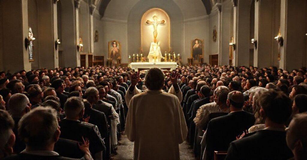 Wnêtrze kościoła podczas pseudoliturgicznego zgromadzenia charyzmatycznego w Szczecinie z udziałem "abpa" W{ł}awa {Śmigla i innych kontrowersyjnych liderów duchowych.