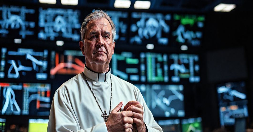 Książ tradycyjny stojący przed nowoczesnym centrum operacji satelitarnych, wyrażający zaniepokojenie i modlitwę. Kontrast wiąr i technologii.