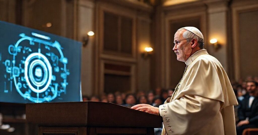 Portret 'papieża' Leona XIV podczas przemówienia na Builders AI Forum 2025 w Pontyfikalnej Uniwersytecie Gregoriańskim.