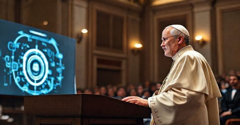 Portret 'papieża' Leona XIV podczas przemówienia na Builders AI Forum 2025 w Pontyfikalnej Uniwersytecie Gregoriańskim.