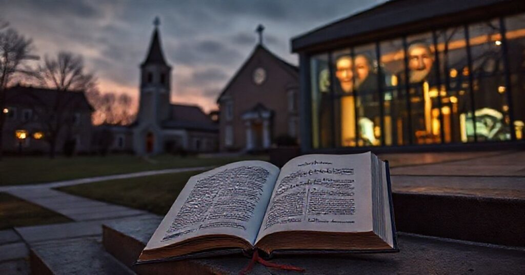 Obraz przedstawiający konflikt między tradycyjną katolicką edukacją a nowoczesną technologią na terenach KUL