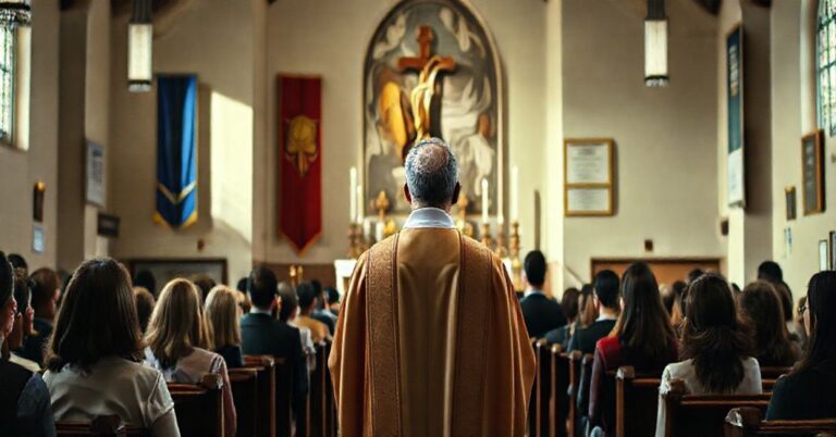 Tradycyjna katolicka msza w kaplicy uniwersyteckiej z kontrastem nowoczesnych elementów i nagród akademickich na ścianie.