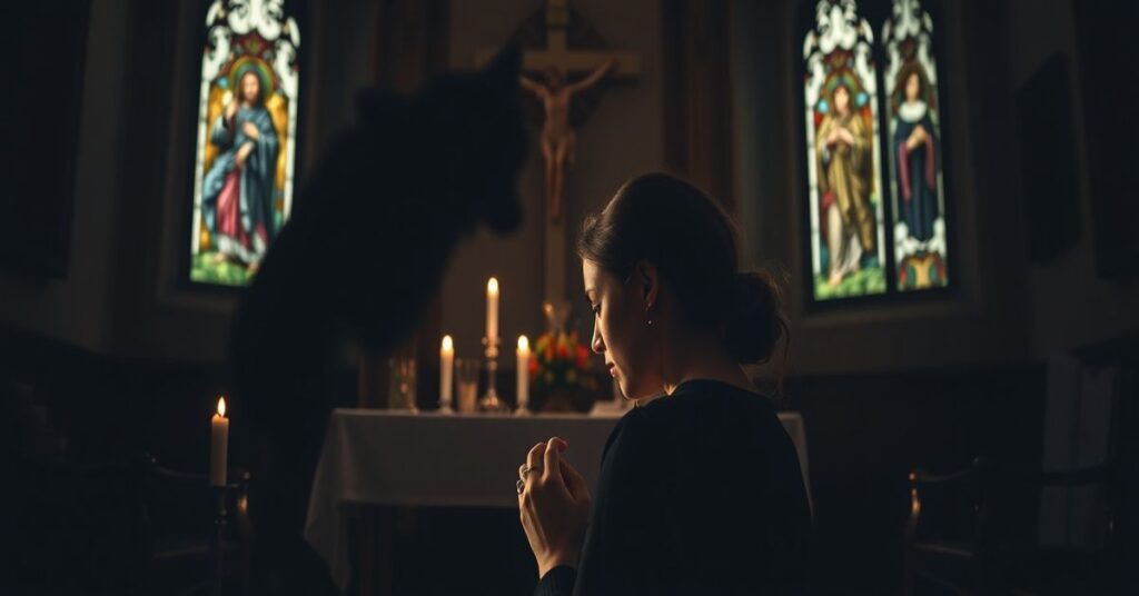 Ponure dziecko modli się w tradycyjnej kościelnej kaplicy z krucyfiksem i zwierzęcym cieniem w tle.