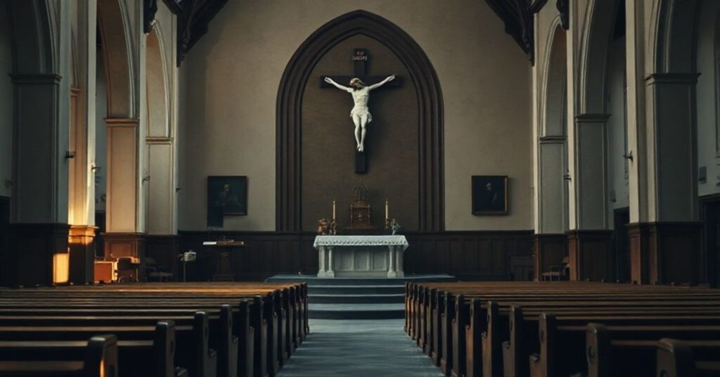 Pułpit w tradycyjnym kościele katolickim z pustym miejscem dla kaznodziei, symbolizujący brak prawdziwej nauki. Ławy są na połowę puste, co odzwierciedla duchowe porzucenie. Krzyż w tle jest przygaszony, kontrastujący z nowoczesnymi elementami obecnymi w scenie.
