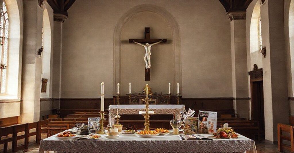 Wnętrze tradycyjnego kościoła z opuszczonym egzemplarzem Tygodnika Powszechnego na ławce i portretem Piusa X na ścianie