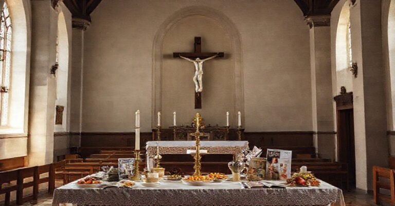 Wnętrze tradycyjnego kościoła z opuszczonym egzemplarzem Tygodnika Powszechnego na ławce i portretem Piusa X na ścianie