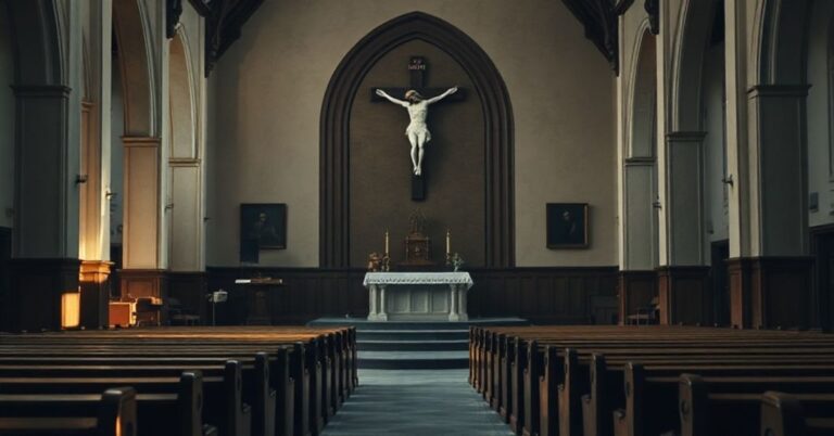 Pułpit w tradycyjnym kościele katolickim z pustym miejscem dla kaznodziei, symbolizujący brak prawdziwej nauki. Ławy są na połowę puste, co odzwierciedla duchowe porzucenie. Krzyż w tle jest przygaszony, kontrastujący z nowoczesnymi elementami obecnymi w scenie.