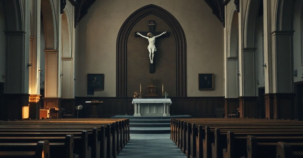 Symboliczny obraz apostazji w Tygodniku Powszechnym Pułpit w tradycyjnym kościele katolickim z pustym miejscem dla kaznodziei, symbolizujący brak prawdziwej nauki. Ławy są na połowę puste, co odzwierciedla duchowe porzucenie. Krzyż w tle jest przygaszony, kontrastujący z nowoczesnymi elementami obecnymi w scenie.