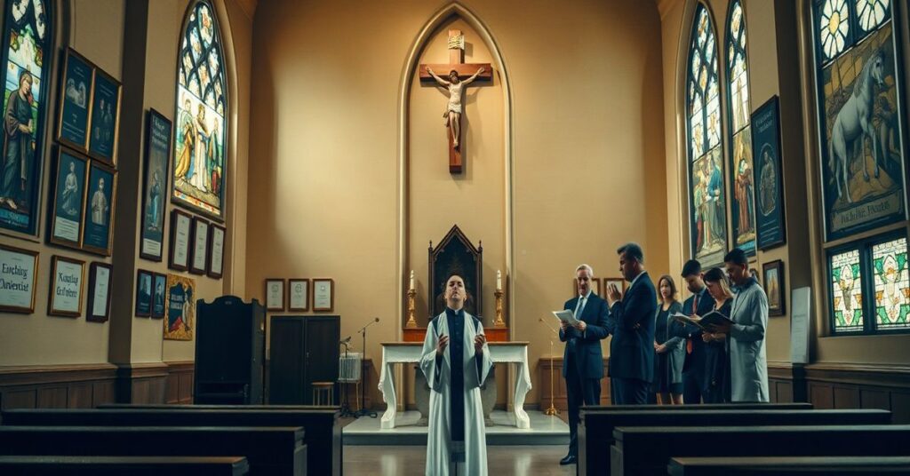 Zaniedbany kościół uniwersytecki z nagrodami akademickimi i przygnębionym księdzem w modlitwie.