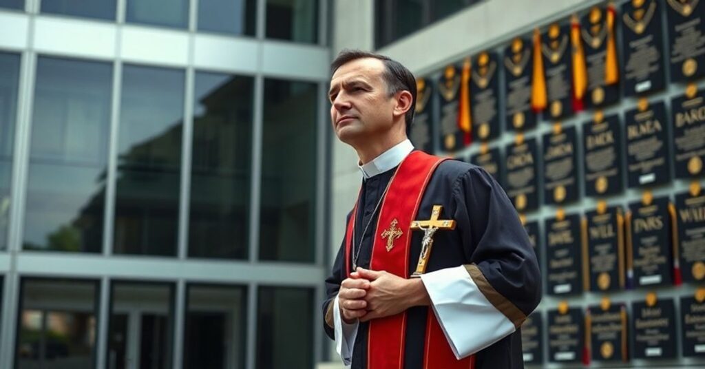 Książęca postać w tradycyjnych szatach kapłańskich stoi przed budynkiem uniwersytetu, trzymając krucyfiks w ręku. Tło przedstawia ścianę z laickimi nagrodami akademickimi. Uwaga zwrócona na konflikt między wiarą a światowymi zapewnieniami. Scena jest poważna i pełna głębi symbolicznej.