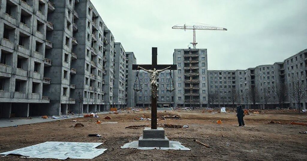 Realistyczny widok nowego kampusu UKSW w Warszawie, pokazujący zaprzedaż tradycyjnej tożsamości katolickiej na rzecz modernistycznych budynków i inwestycji gospodarczych