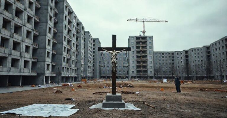 Realistyczny widok nowego kampusu UKSW w Warszawie, pokazujący zaprzedaż tradycyjnej tożsamości katolickiej na rzecz modernistycznych budynków i inwestycji gospodarczych