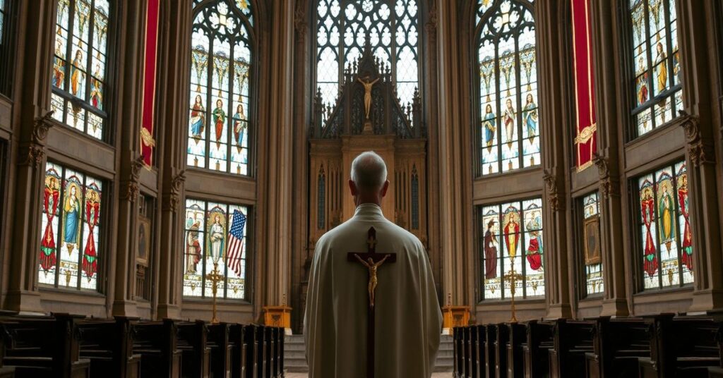 Ksiądz w tradycyjnych szatach liturgicznych stoi przed pustym tronem w wielkiej katedrze, trzymając krzyż. Na zewnątrz widoczne są symbole patriotyczne i flagi USA.